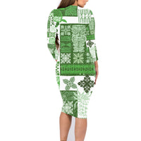 Hawaiian Quilt Family Matching Long Sleeve Bodycon Dress and Hawaiian Shirt Tiki Tropical Retro Green Version - Wonder Print Shop
