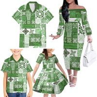 Hawaiian Quilt Family Matching Off Shoulder Long Sleeve Dress and Hawaiian Shirt Tiki Tropical Retro Green Version - Wonder Print Shop