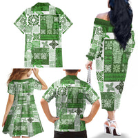 Hawaiian Quilt Family Matching Off Shoulder Long Sleeve Dress and Hawaiian Shirt Tiki Tropical Retro Green Version - Wonder Print Shop