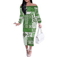 Hawaiian Quilt Family Matching Off Shoulder Long Sleeve Dress and Hawaiian Shirt Tiki Tropical Retro Green Version - Wonder Print Shop