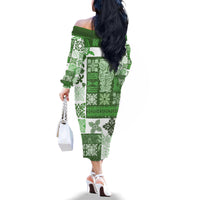 Hawaiian Quilt Family Matching Off Shoulder Long Sleeve Dress and Hawaiian Shirt Tiki Tropical Retro Green Version - Wonder Print Shop