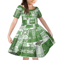 Hawaiian Quilt Family Matching Off Shoulder Short Dress and Hawaiian Shirt Tiki Tropical Retro Green Version - Wonder Print Shop