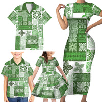 Hawaiian Quilt Family Matching Short Sleeve Bodycon Dress and Hawaiian Shirt Tiki Tropical Retro Green Version - Wonder Print Shop