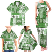 Hawaiian Quilt Family Matching Tank Maxi Dress and Hawaiian Shirt Tiki Tropical Retro Green Version - Wonder Print Shop