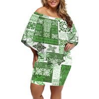 Hawaiian Quilt Off Shoulder Short Dress Tiki Tropical Retro Green Version - Wonder Print Shop