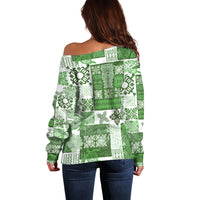 Hawaiian Quilt Off Shoulder Sweater Tiki Tropical Retro Green Version - Wonder Print Shop