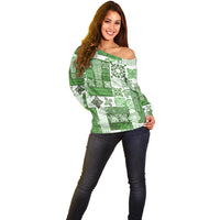 Hawaiian Quilt Off Shoulder Sweater Tiki Tropical Retro Green Version - Wonder Print Shop