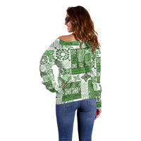 Hawaiian Quilt Off Shoulder Sweater Tiki Tropical Retro Green Version - Wonder Print Shop