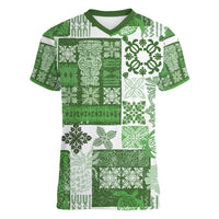Hawaiian Quilt Women V Neck T Shirt Tiki Tropical Retro Green Version - Wonder Print Shop