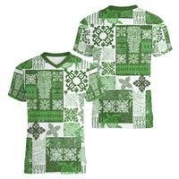 Hawaiian Quilt Women V Neck T Shirt Tiki Tropical Retro Green Version - Wonder Print Shop