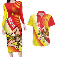 Personalized Sicilia La Trinacria Couples Matching Long Sleeve Bodycon Dress and Hawaiian Shirt Sicilian Map Flag Color