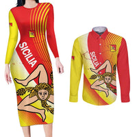 Personalized Sicilia La Trinacria Couples Matching Long Sleeve Bodycon Dress and Long Sleeve Button Shirt Sicilian Map Flag Color