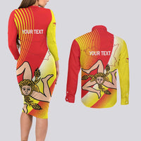 Personalized Sicilia La Trinacria Couples Matching Long Sleeve Bodycon Dress and Long Sleeve Button Shirt Sicilian Map Flag Color