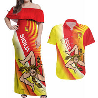 Personalized Sicilia La Trinacria Couples Matching Off Shoulder Maxi Dress and Hawaiian Shirt Sicilian Map Flag Color