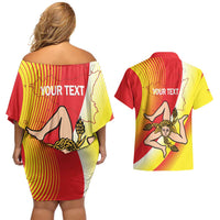 Personalized Sicilia La Trinacria Couples Matching Off Shoulder Short Dress and Hawaiian Shirt Sicilian Map Flag Color