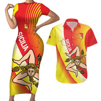 Personalized Sicilia La Trinacria Couples Matching Short Sleeve Bodycon Dress and Hawaiian Shirt Sicilian Map Flag Color