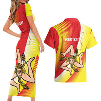 Personalized Sicilia La Trinacria Couples Matching Short Sleeve Bodycon Dress and Hawaiian Shirt Sicilian Map Flag Color