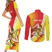 Personalized Sicilia La Trinacria Couples Matching Short Sleeve Bodycon Dress and Long Sleeve Button Shirt Sicilian Map Flag Color