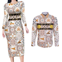 Personalized Sicilia National Symbols With Mosaic Motifs Couples Matching Long Sleeve Bodycon Dress and Long Sleeve Button Shirt
