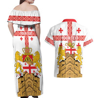 Personalised Georgia Independence Day Couples Matching Off Shoulder Maxi Dress and Hawaiian Shirt Sameba Cathedral Borjgali Folk Pattern