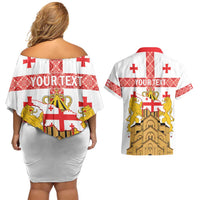 Personalised Georgia Independence Day Couples Matching Off Shoulder Short Dress and Hawaiian Shirt Sameba Cathedral Borjgali Folk Pattern