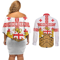 Personalised Georgia Independence Day Couples Matching Off Shoulder Short Dress and Long Sleeve Button Shirt Sameba Cathedral Borjgali Folk Pattern