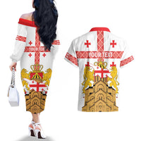 Personalised Georgia Independence Day Couples Matching Off The Shoulder Long Sleeve Dress and Hawaiian Shirt Sameba Cathedral Borjgali Folk Pattern