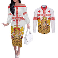 Personalised Georgia Independence Day Couples Matching Off The Shoulder Long Sleeve Dress and Long Sleeve Button Shirt Sameba Cathedral Borjgali Folk Pattern