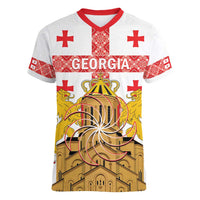 Personalised Georgia Independence Day Women V-Neck T-Shirt Sameba Cathedral Borjgali Folk Pattern