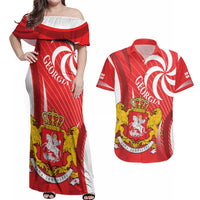 Georgia Independence Day Couples Matching Off Shoulder Maxi Dress and Hawaiian Shirt Borjgalo With Coat Of Arms