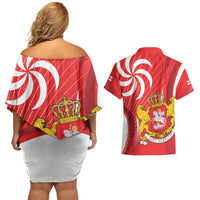 Georgia Independence Day Couples Matching Off Shoulder Short Dress and Hawaiian Shirt Borjgalo With Coat Of Arms