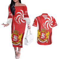 Georgia Independence Day Couples Matching Off The Shoulder Long Sleeve Dress and Hawaiian Shirt Borjgalo With Coat Of Arms