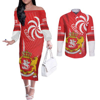 Georgia Independence Day Couples Matching Off The Shoulder Long Sleeve Dress and Long Sleeve Button Shirt Borjgalo With Coat Of Arms