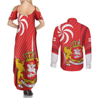 Georgia Independence Day Couples Matching Summer Maxi Dress and Long Sleeve Button Shirt Borjgalo With Coat Of Arms