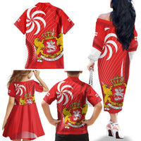 Georgia Independence Day Family Matching Off The Shoulder Long Sleeve Dress and Hawaiian Shirt Borjgalo With Coat Of Arms