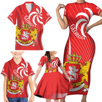 Georgia Independence Day Family Matching Short Sleeve Bodycon Dress and Hawaiian Shirt Borjgalo With Coat Of Arms
