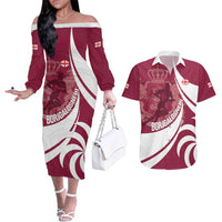 Custom Georgia Rugby Couples Matching Off The Shoulder Long Sleeve Dress and Hawaiian Shirt Go Borjgalosnebi