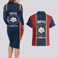 United States Mississippi Couples Matching Long Sleeve Bodycon Dress and Hawaiian Shirt Magnolia State Flag Style