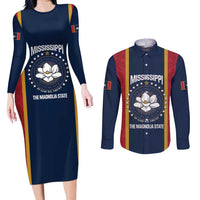 United States Mississippi Couples Matching Long Sleeve Bodycon Dress and Long Sleeve Button Shirt Magnolia State Flag Style