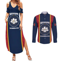 United States Mississippi Couples Matching Summer Maxi Dress and Long Sleeve Button Shirt Magnolia State Flag Style