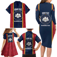 United States Mississippi Family Matching Long Sleeve Bodycon Dress and Hawaiian Shirt Magnolia State Flag Style