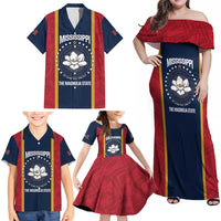 United States Mississippi Family Matching Off Shoulder Maxi Dress and Hawaiian Shirt Magnolia State Flag Style