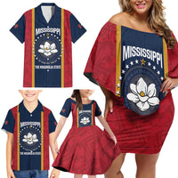United States Mississippi Family Matching Off Shoulder Short Dress and Hawaiian Shirt Magnolia State Flag Style