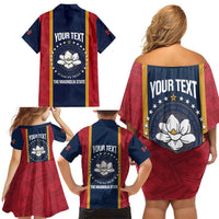 United States Mississippi Family Matching Off Shoulder Short Dress and Hawaiian Shirt Magnolia State Flag Style