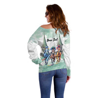 Kentucky Horse Racing Personalized Off Shoulder Sweater Churchill Downs Roses Pastel Green