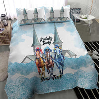 Kentucky Horse Racing Personalized Bedding Set Churchill Downs Roses Pastel Blue