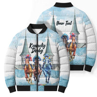 Kentucky Horse Racing Personalized Bomber Puffer Jacket Churchill Downs Roses Pastel Blue