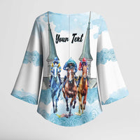 Kentucky Horse Racing Personalized Kimono Sleeve Blouse Churchill Downs Roses Pastel Blue