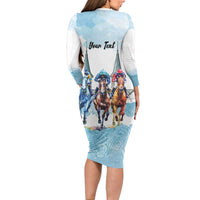 Kentucky Horse Racing Personalized Long Sleeve Bodycon Dress Churchill Downs Roses Pastel Blue