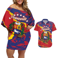 Red off-shoulder short dress and Hawaiian shirt set with Venezuela graphic, front